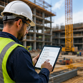 Construction worker reviewing digital site inspection report on tablet