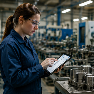 Manufacturing technician performing quality control production check