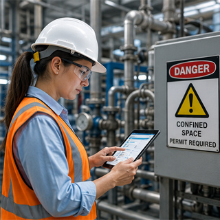 Safety officer conducting digital hazard assessment at industrial sit
